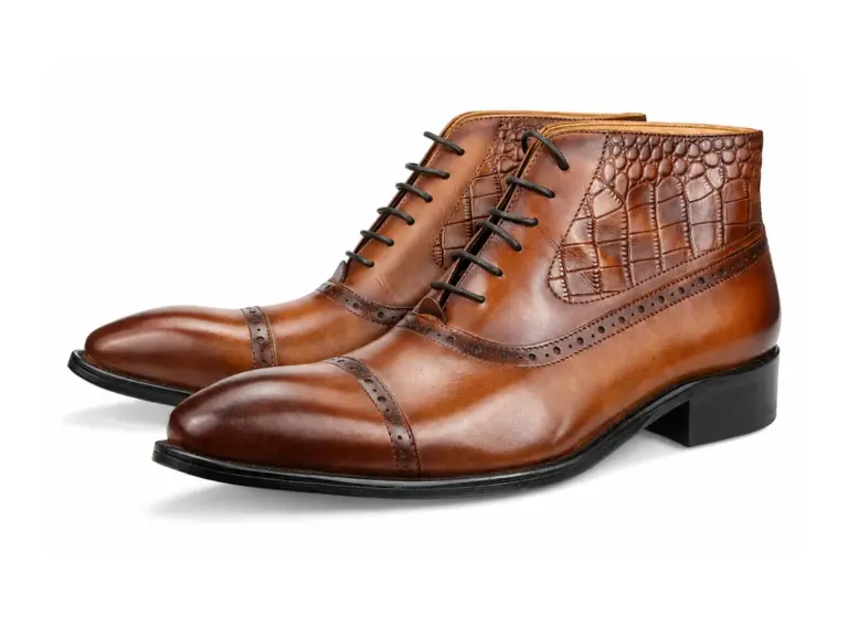 Brown & Black Croc-Embossed Cap-Toe Ankle Boot — leather boots for men