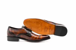 Brown-Black Striped Patina Plain-Toe Derby: leather sole profile showing the brown outsole and dark heel.