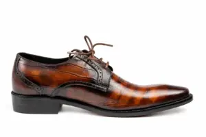 Brown-Black Striped Patina Plain-Toe Derby: side profile showing Brown-Black Striped Patina and elongated softly tapered forepart.