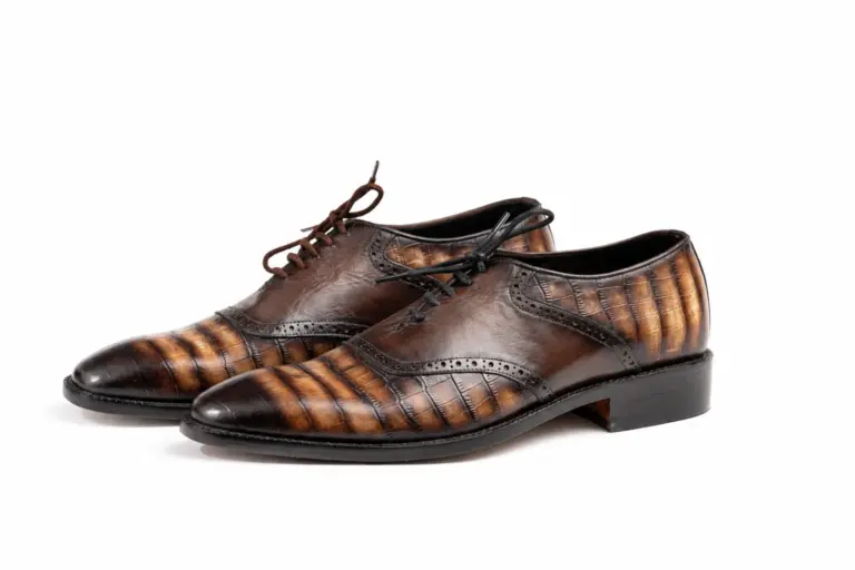 Brown-Black Striped Patina Quarter-Brogue Cap-Toe Oxford: pair showing Brown-Black Striped Patina and refined elongated forepart.