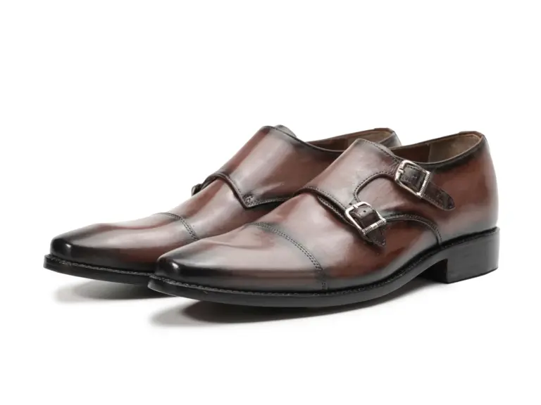 Brown Burnished Double Monk Strap Dress Shoe — double monk strap shoes detail