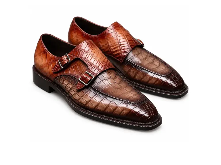 Brown croc-embossed double monk strap shoes for men, pair view