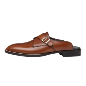 Buckle-side profile of a brown leather single monk mule