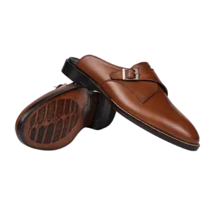 Brown single monk mules showing the upper and outsole