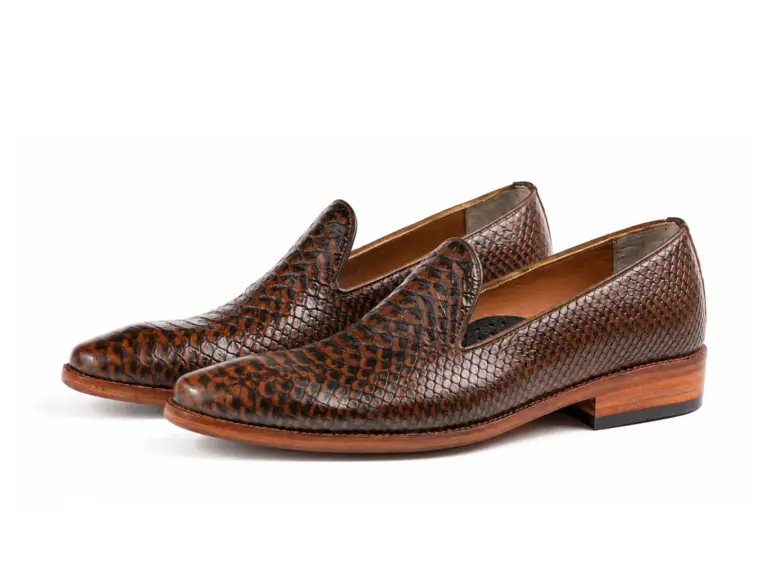 Brown Lizard-Pattern Almond-Toe Wholecut Loafer: pair showing Brown Lizard-Pattern and refined elongated almond forepart.