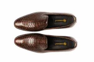Brown Lizard-Pattern Almond-Toe Wholecut Loafer: overhead pair showing the toe shape, instep opening and branded footbed.