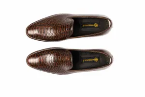 Brown Lizard-Pattern Almond-Toe Wholecut Loafer: overhead pair alternate showing the toe shape, instep opening and branded footbed.