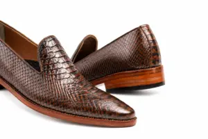 Brown Lizard-Pattern Almond-Toe Wholecut Loafer: scale texture detail showing Wholecut vamp without decorative hardware and Brown Lizard-Pattern.