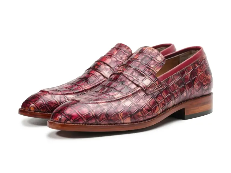 Burgundy exotic tiger-print penny loafers for men