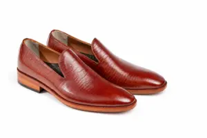 Burgundy Fine-Texture Wholecut Loafer: three quarter pair showing Burgundy Fine-Texture Leather and soft square forepart.