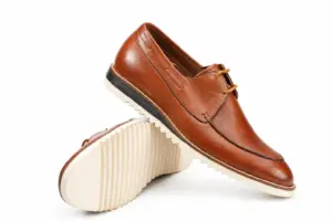 Handmade cognac pull-up leather casual dress shoes for men with apron toe and white ripple rubber sole