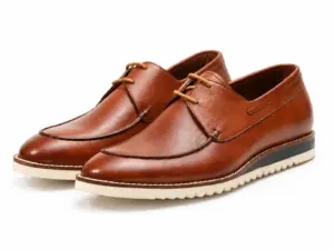 Cognac apron toe Derby shoes for men in pull-up leather with white Vibram ripple sole, handmade to order