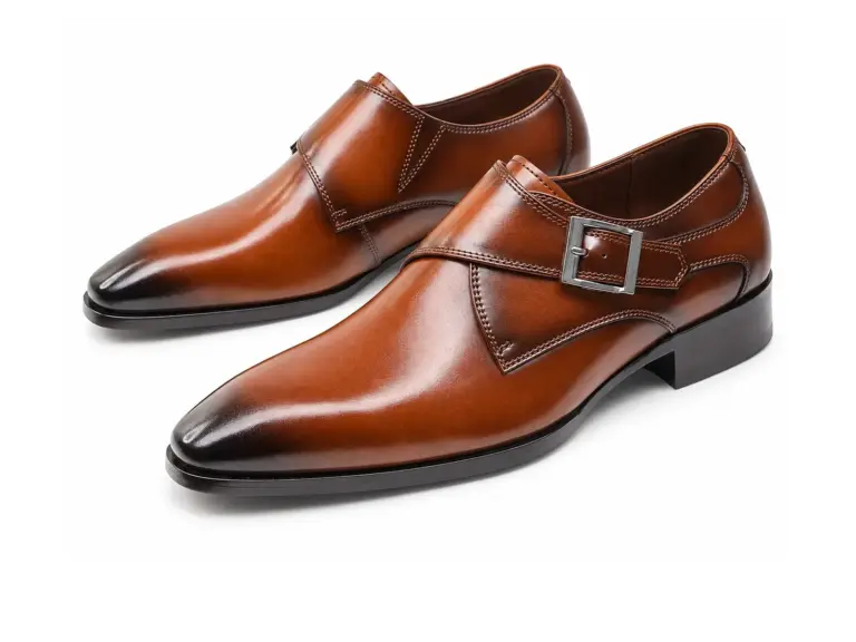Cognac burnished single monk strap dress shoes for men, pair view