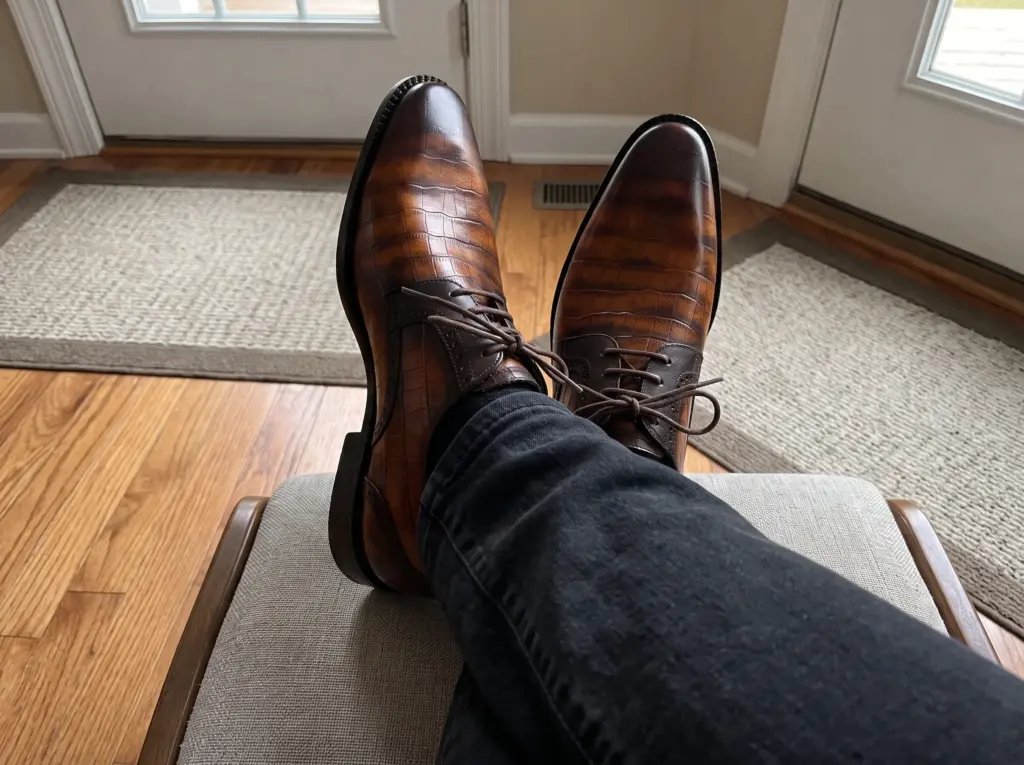 Customer wearing tan croc embossed Derby shoes with hand-painted patina and dark jeans