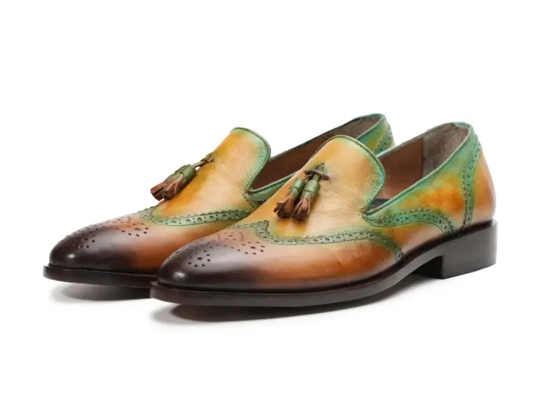 Green brown brogue tassel loafers for men, pair view