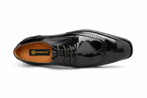 Top view of men's black patent longwing brogue Derby shoe with Handsole insole
