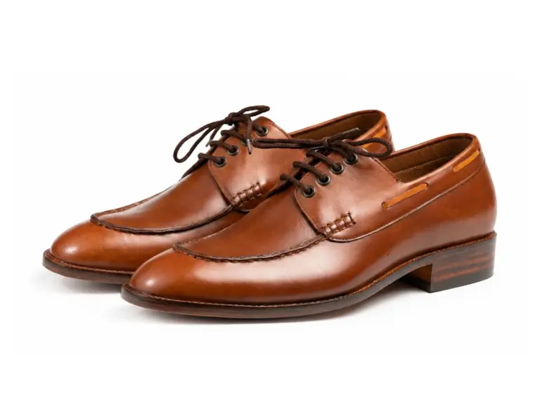 Pair of men's brown moc toe Derby shoes in pull-up leather