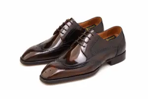 Men's brown patent leather longwing brogue Derby shoes, pair view