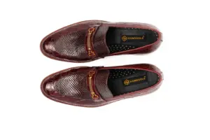 Overhead view of burgundy reptile-pattern horsebit loafers showing the vamps and HANDSOLE-branded footbeds