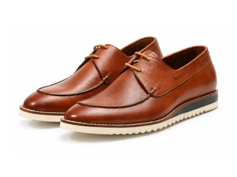 Pair of men's cognac casual Derby shoes in pull-up leather with an apron toe and white Vibram ripple sole