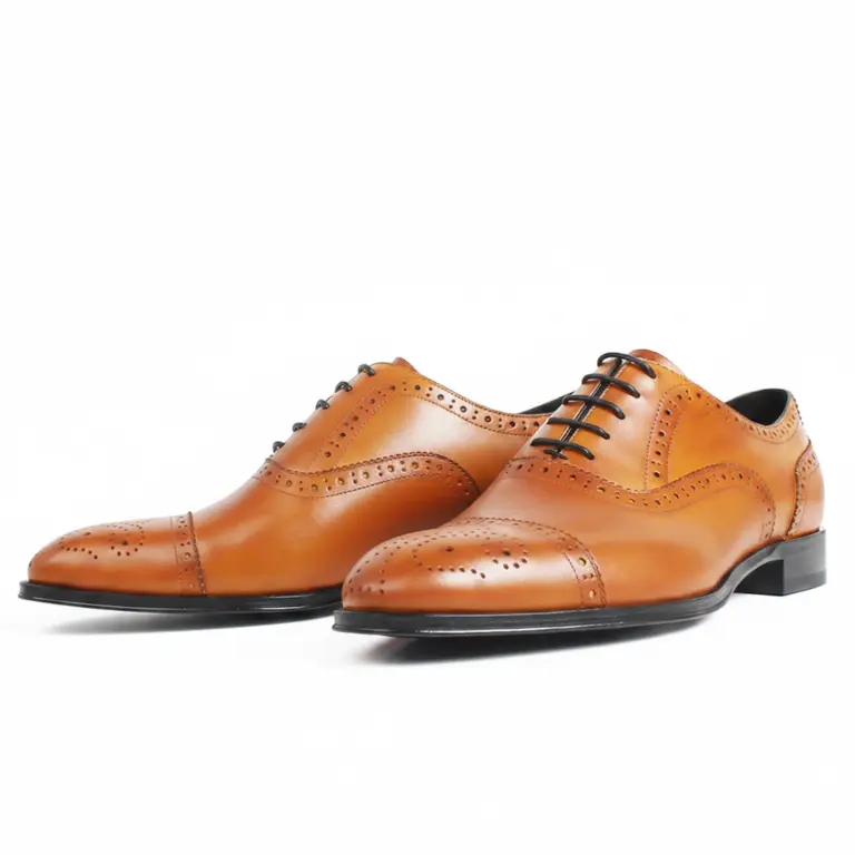 Men's tan leather semi-brogue cap-toe Oxford shoes, pair view