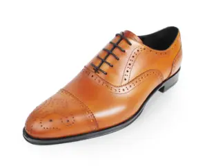 Men's tan leather semi-brogue cap-toe Oxford shoes, three quarter view
