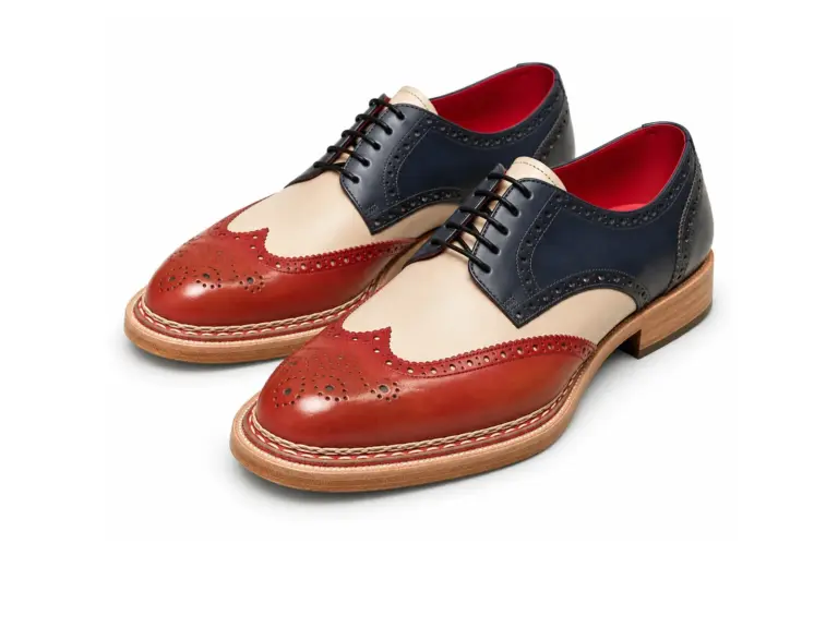 Navy, Cream & Red Cow Crust Leather Full Brogue Wingtip Derby — wingtip brogue oxford