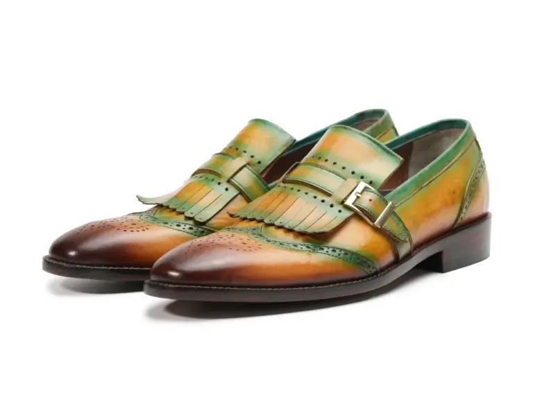 Mustard green kiltie monk strap loafers for men