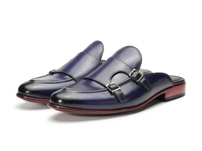 Navy Blue Double Monk Strap Mule — three-quarter view
