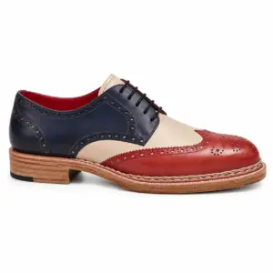 Navy, cream and red wingtip brogue Derby shoe for men, opposite side view
