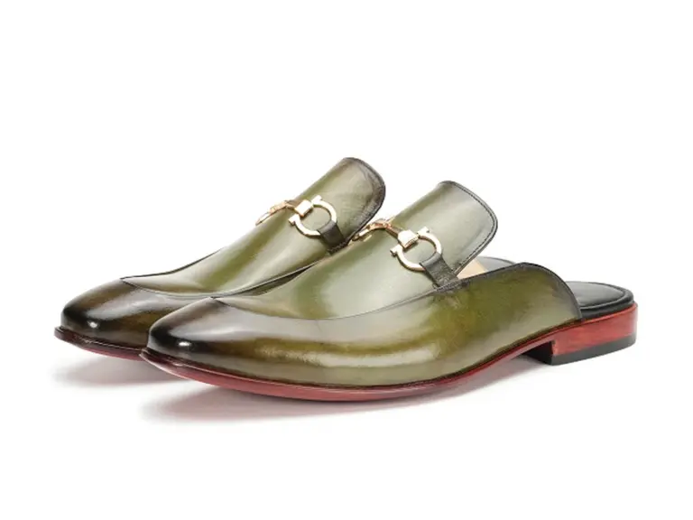 Olive Green Crazy Horse Horsebit Mule — three-quarter view