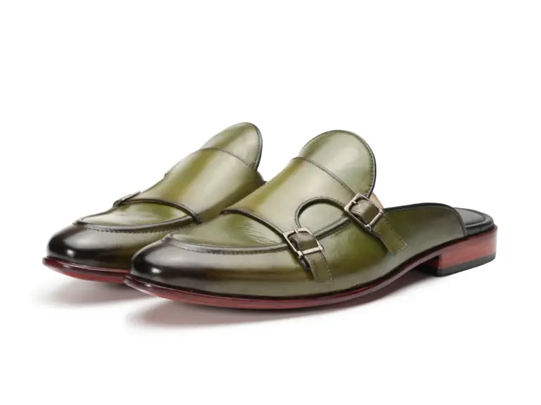 Olive Green Double Monk Mule — three-quarter view