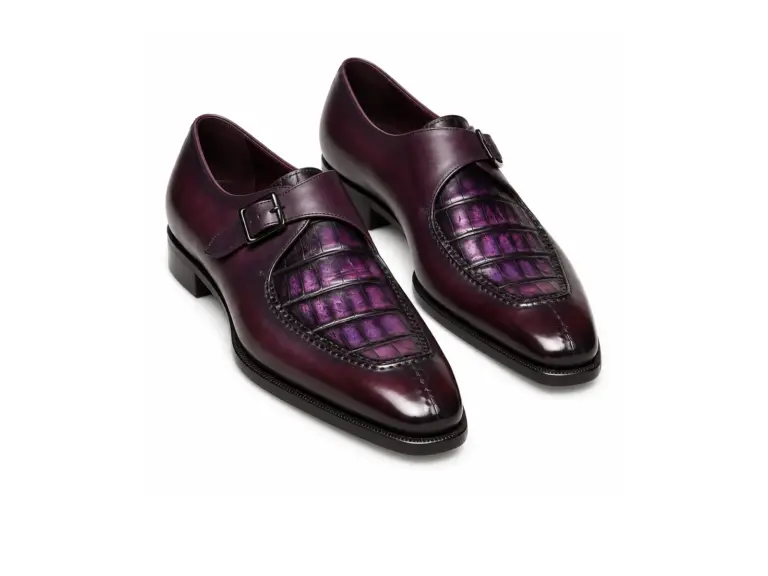 Plum croc-embossed single monk strap shoes for men, pair view