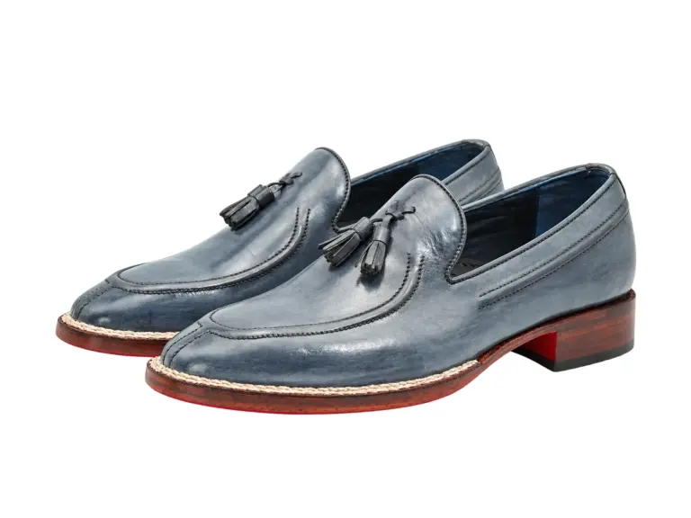 Pair of slate-grey Norwegian-welt tassel loafers with apron stitching and contrasting welt edges