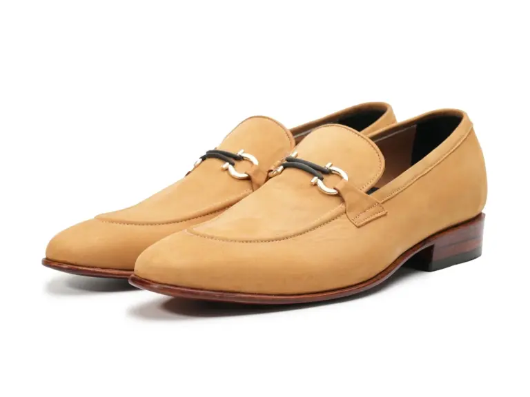 Tan nubuck horsebit loafers for men, pair view