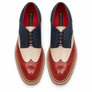 Top view of tri-color wingtip brogue shoes for men with medallion toe perforations